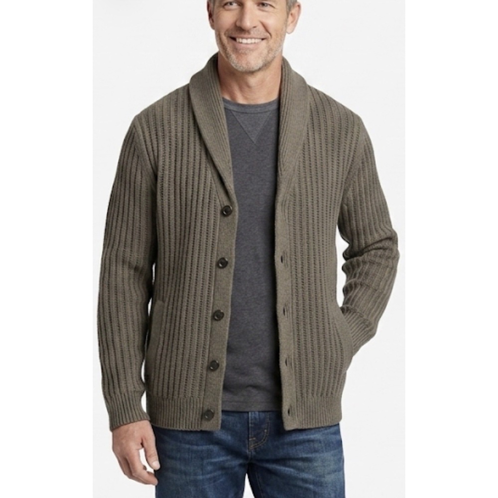 Banana Republic Sweater Men Green SzXL Organic Cotton Heavy Cable Knit Cardigan